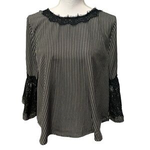 THML Blouse Womens Medium Black White Strip Lace‎ 3/4 Sleeve Velvet Back Tie